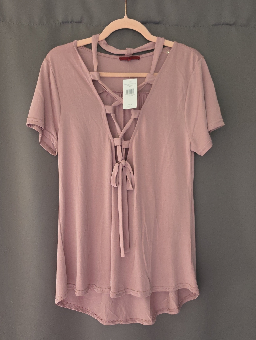 Buckle Lace-Up V-Neck Short Sleeve Top - Dusty Mauve